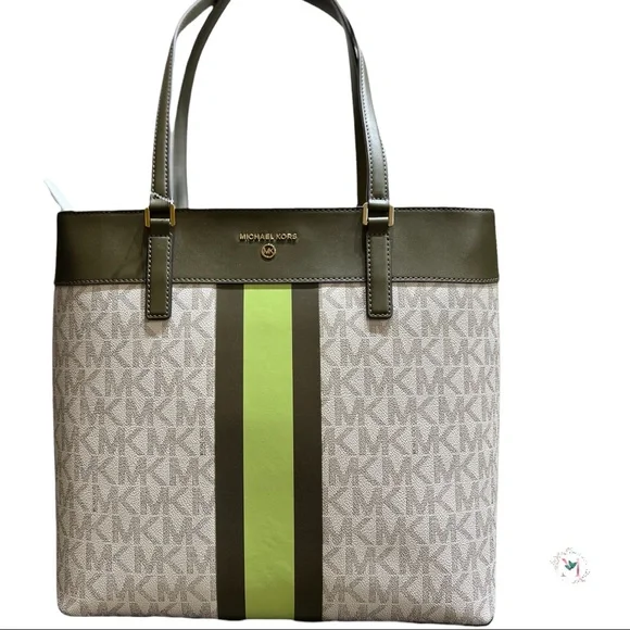 NWOT Michael Kors Center Stripe Morgan Large Tote Olive Multi - Picture 4 of 15